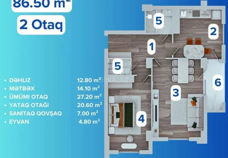 2 otaqlı mənzil Satılır, Rəsulzadə qəs., Binəqədi, Bakı