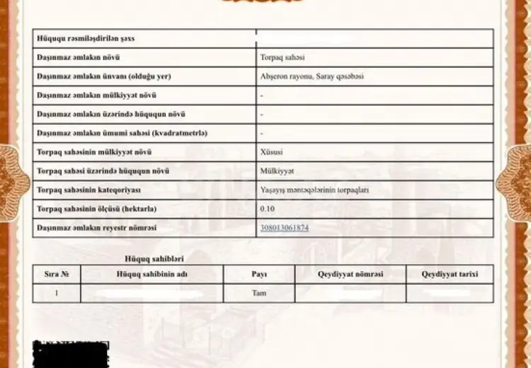 10 sot Torpaq Satılır, Saray, Abşeron