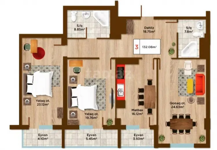 3 otaqlı mənzil , Bakı