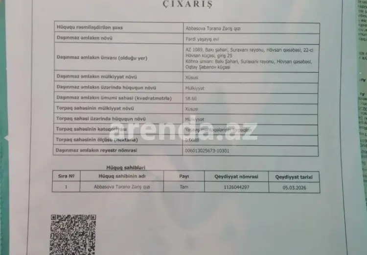 3 otaqlı mənzil Satılır, Hövsan qəs., Suraxanı, Bakı