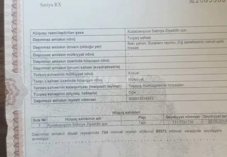4 sot Torpaq Satılır, Zığ qəs., Suraxanı, Bakı
