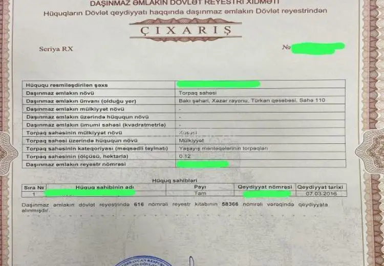 12 sot Torpaq Satılır, Türkan, Xəzər, Bakı