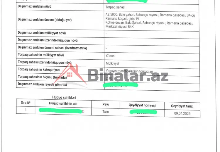 3 sot Torpaq Satılır, Yeni Ramana, Sabunçu, Bakı