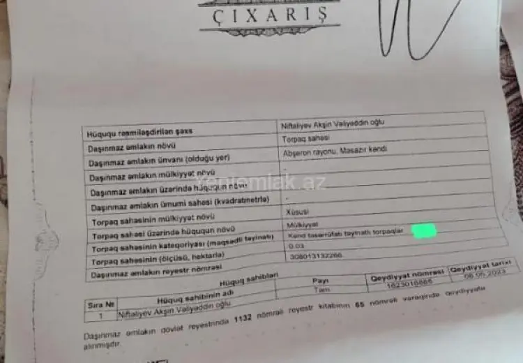 3 sot Torpaq Satılır, Masazır, Abşeron