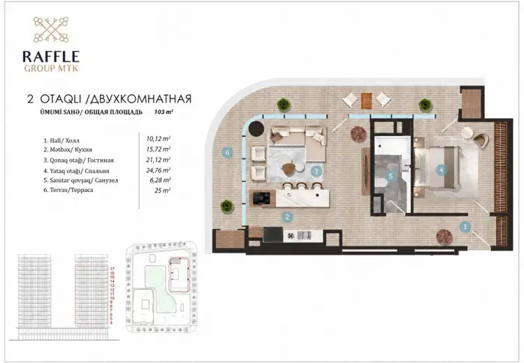2 otaqlı mənzil Satılır, Ağ şəhər, Xətai, Bakı