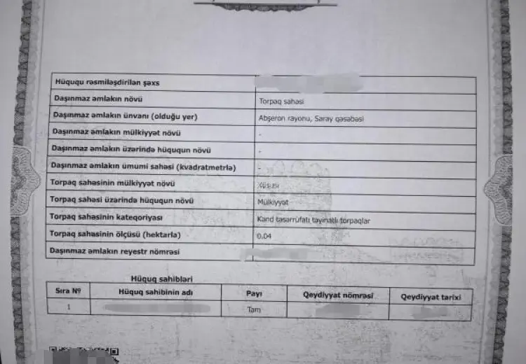 4 sot Torpaq Satılır, Saray, Abşeron