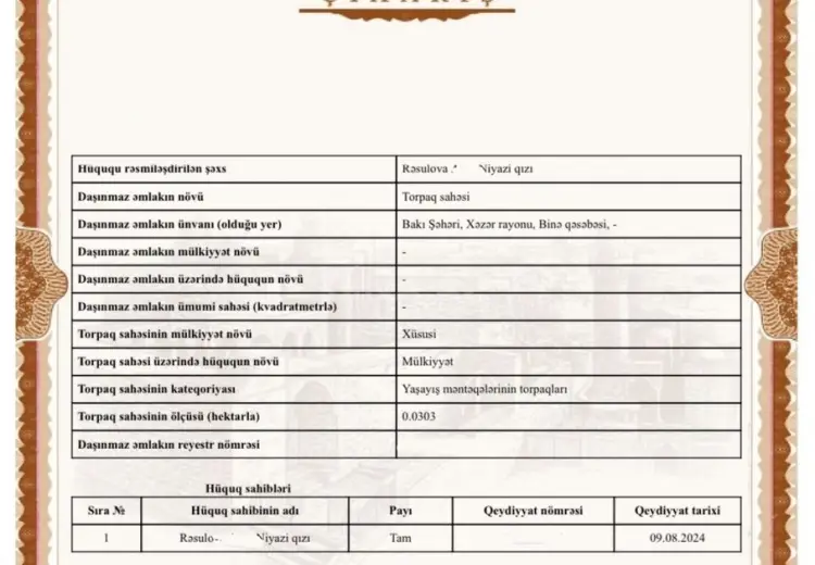 3 sot Torpaq Satılır, Binə qəs., Xəzər, Bakı