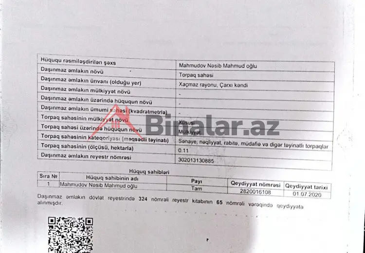 11 sot Torpaq Satılır, Xaçmaz
