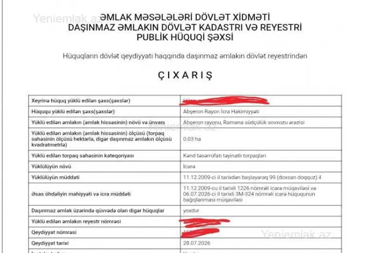 3 sot Torpaq Satılır, Ramana qəs., Sabunçu, Bakı