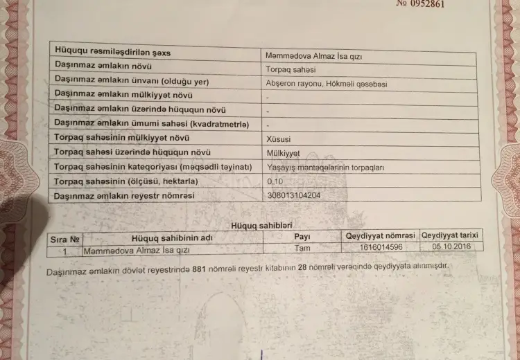 10 sot Torpaq Satılır, Atyalı, Abşeron