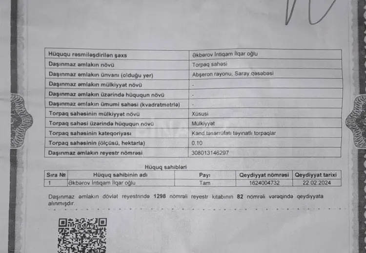 8 sot Torpaq Satılır, Saray, Abşeron