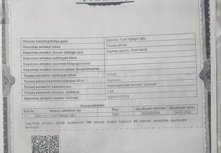 226 sot Torpaq Satılır, Xaçmaz