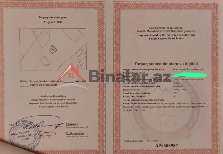 36 000 AZN - 27 sot Torpaq Satılır, Xudat