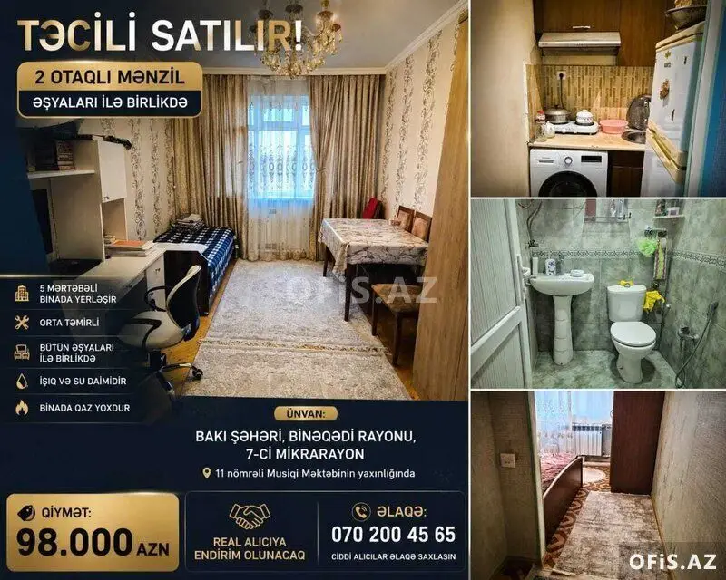 98 AZN - 2 otaqlı mənzil Satılır, Dərnəgül, Binəqədi, Bakı