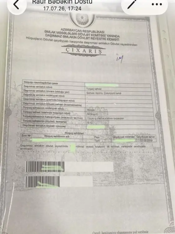 27 000 AZN - 12 sot Torpaq Satılır, Şamaxı