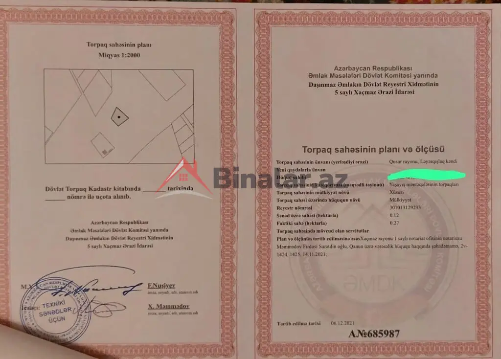 36 000 AZN - 27 sot Torpaq Satılır, Xudat