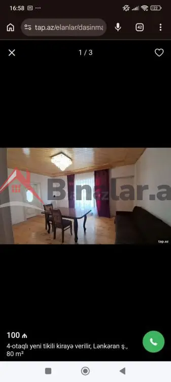 100 AZN - 3 otaqlı mənzil Kirayə (aylıq), Lənkəran